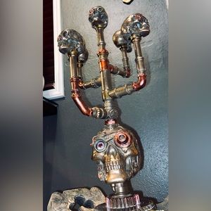 Gothic Steampunk Skull Cast Bronze 5 Stick Candelabra